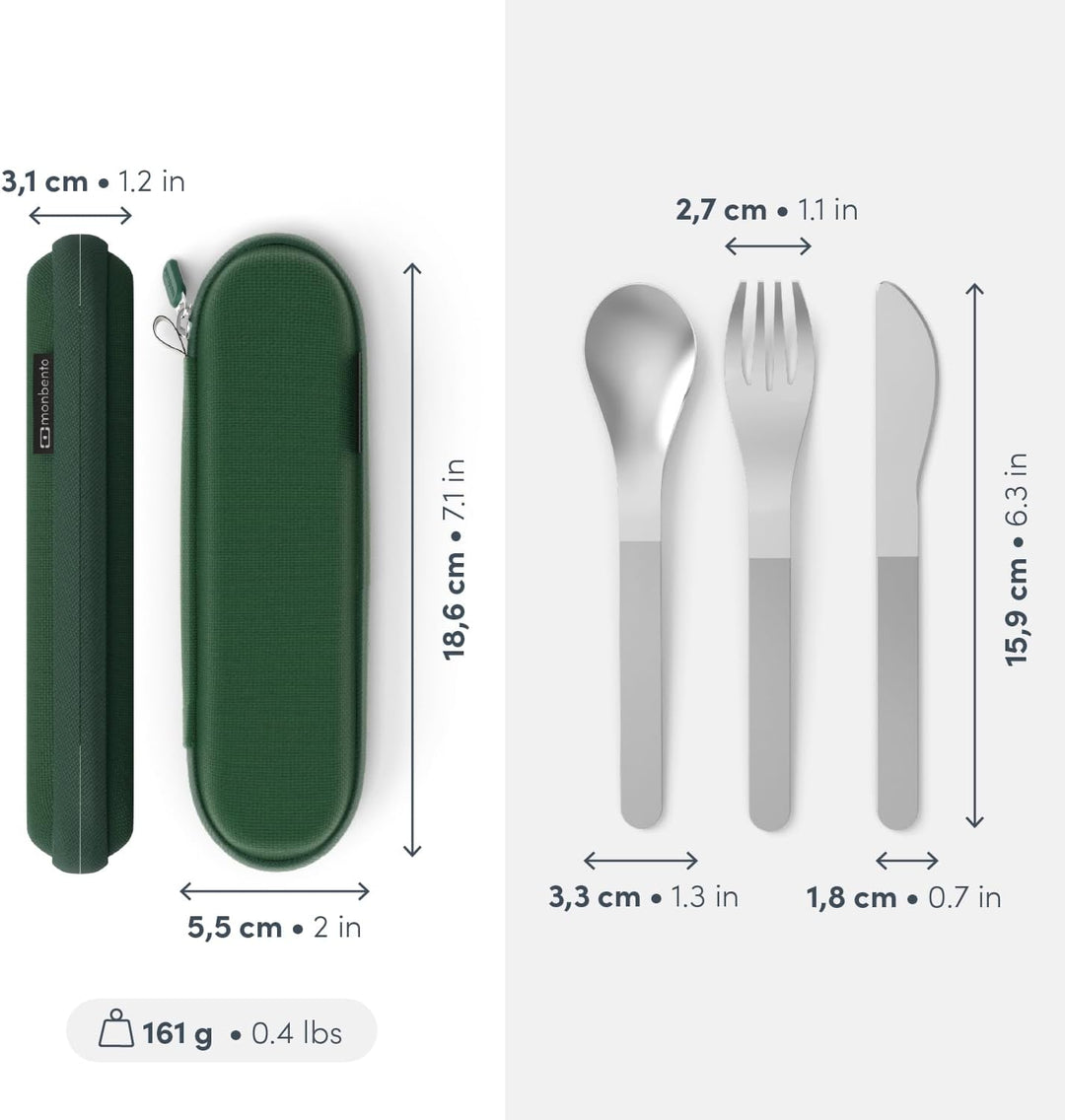 MONBENTO - MB Slim Nest Trio Messer Grün Besteckset für Brotdose - Wiederverwendbares Besteckset mit