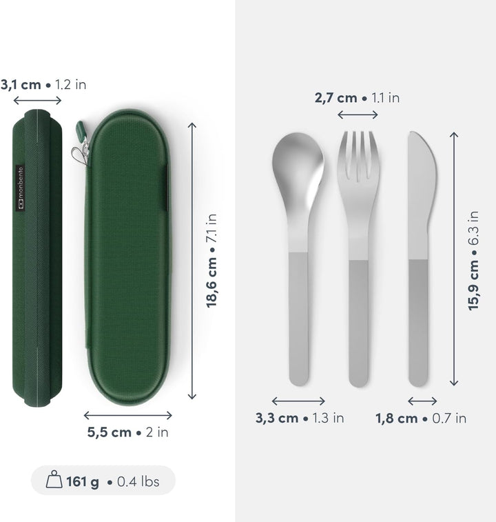 MONBENTO - MB Slim Nest Trio Messer Grün Besteckset für Brotdose - Wiederverwendbares Besteckset mit