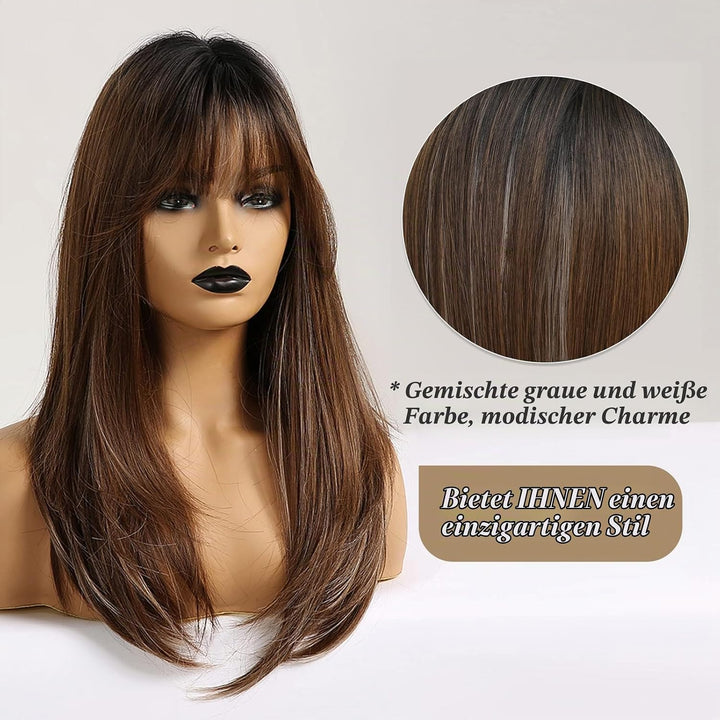 HAIRCUBE Lange Braune Perücken für Damen, Synthetische Perücken mit Pony Hitzebeständige Perücken Sc