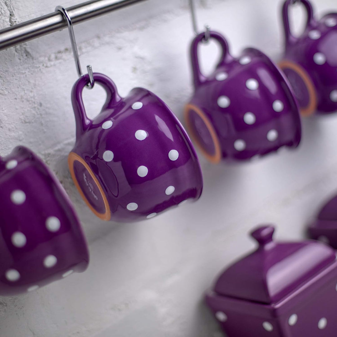 City to Cottage - Keramik Kaffebecher Teetasse 350 ml, Lila und Weiss Polka Dots, Handgemacht Kaffee