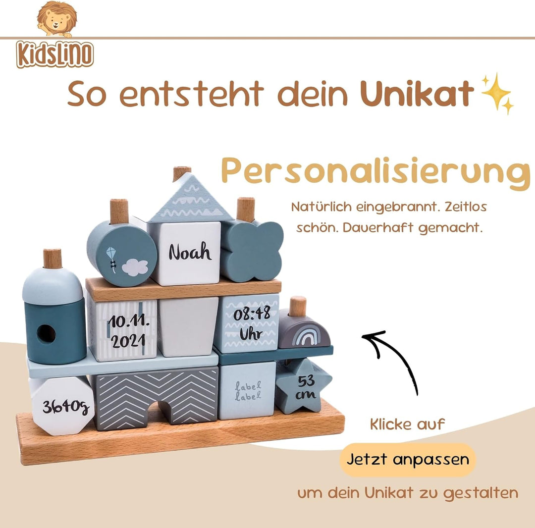 Personalisiertes Holz Steckspiel Haus Blau – Baby Geschenk zur Geburt Junge – mit Name & Geburtsdate