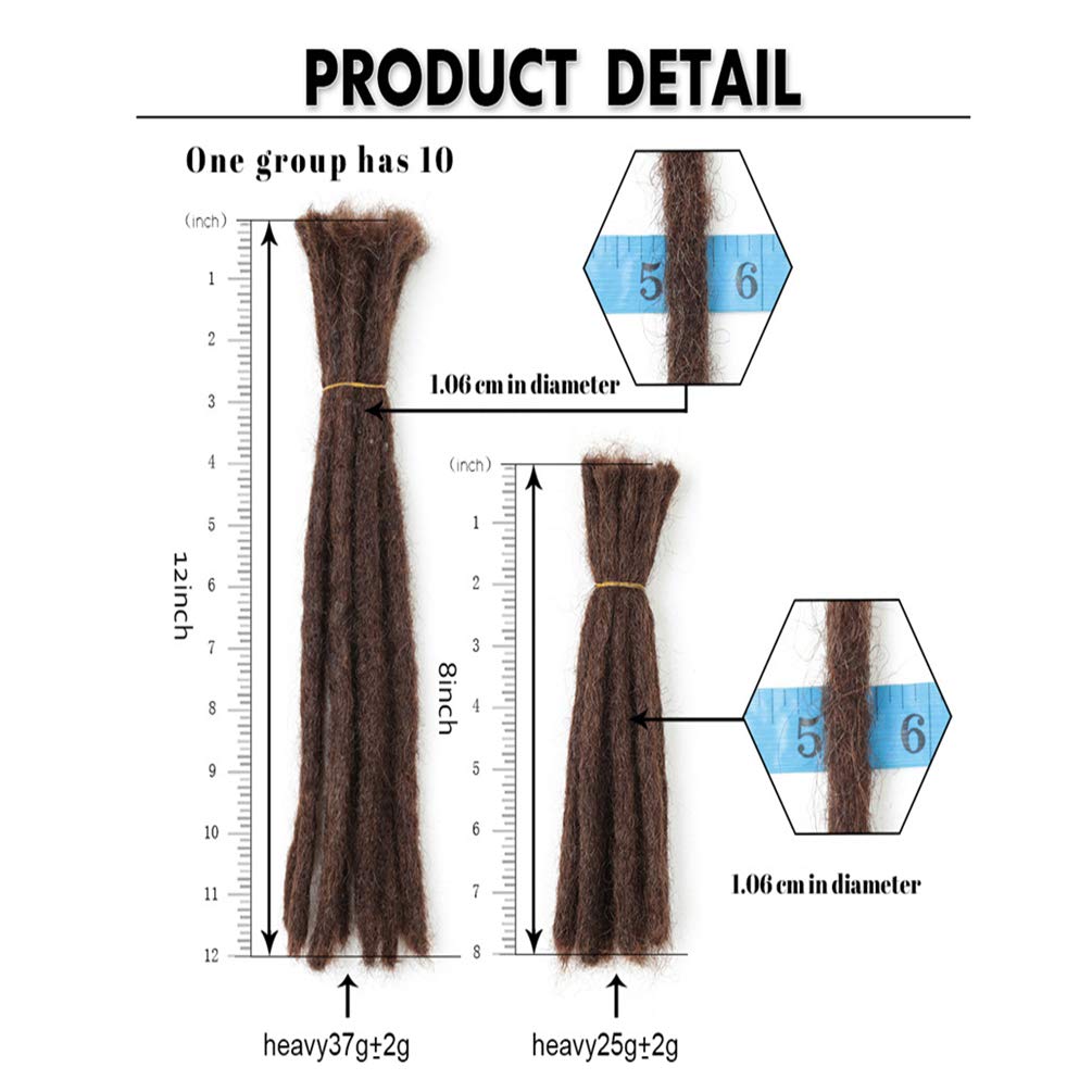 Coolbers 100% Human Hair Dreadlocks Extensions 10 Strands, 12 Inch Handmade Dread Loc Crochet Braids