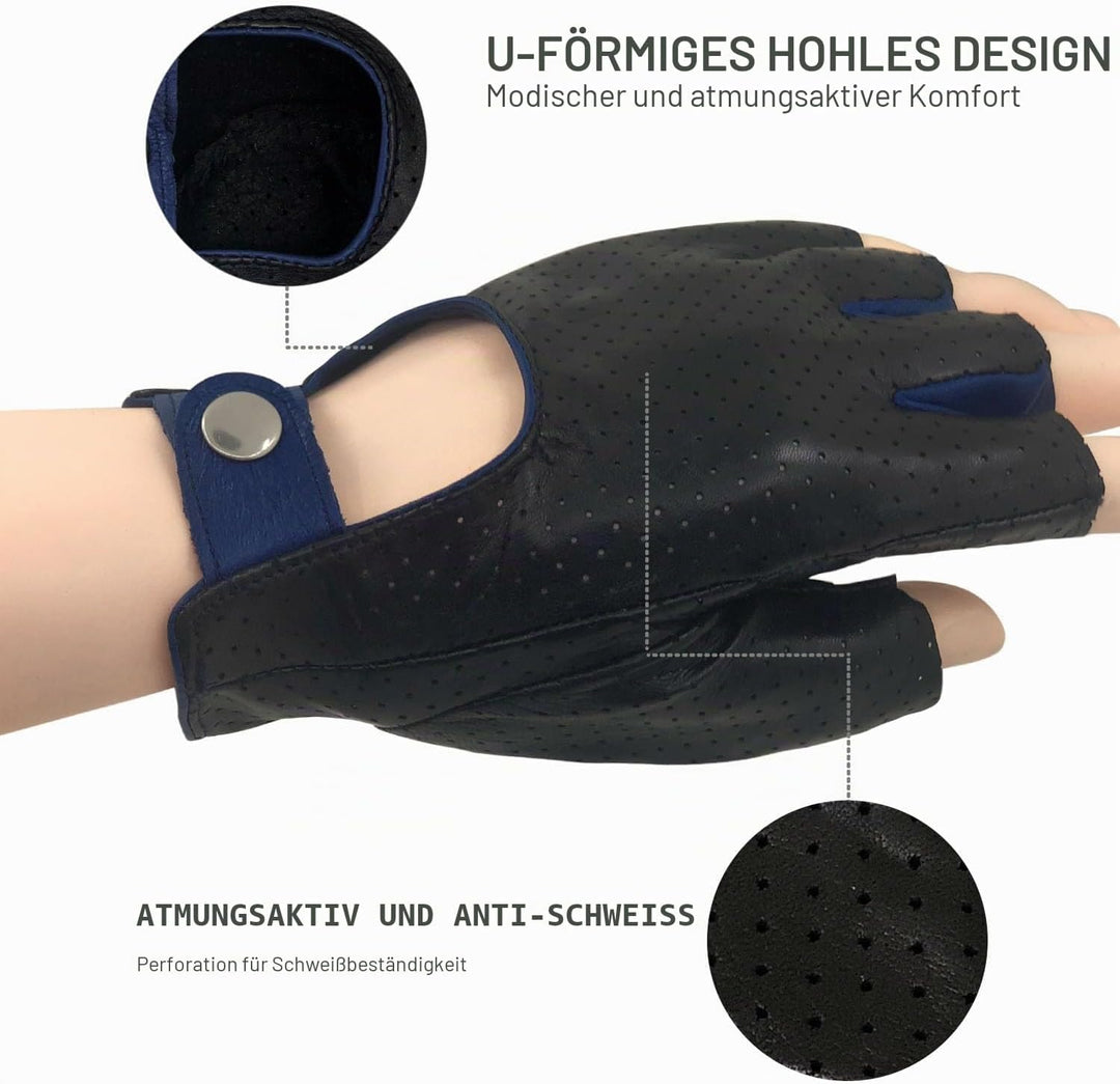ZLUXURQ Herren-Lederhandschuhe Vollmaschige Fingerlose Halbfinger-Fahrhandschuhe Small-8.5" Schwarz