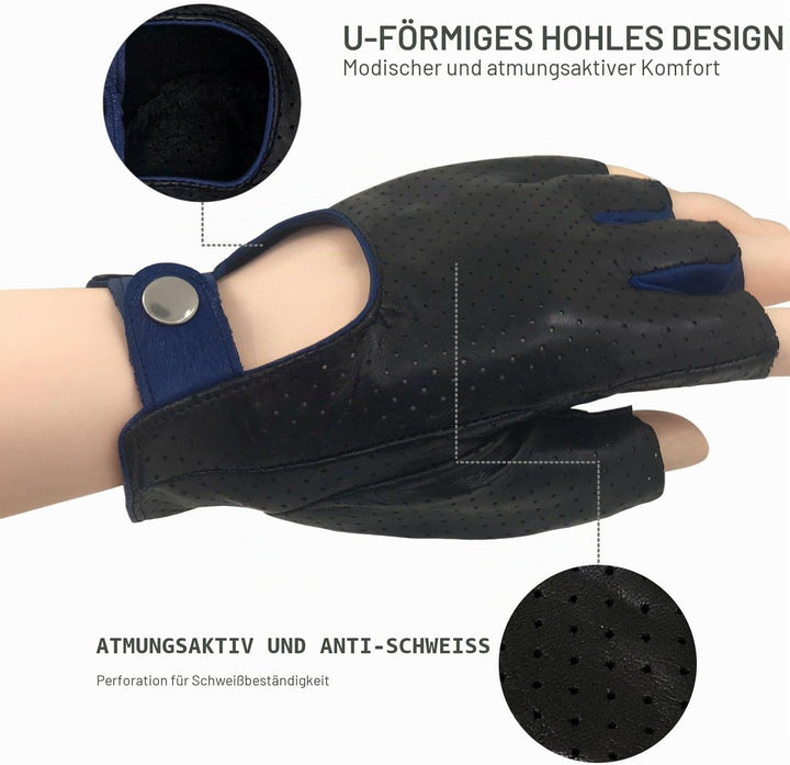 ZLUXURQ Herren-Lederhandschuhe Vollmaschige Fingerlose Halbfinger-Fahrhandschuhe Small-8.5" Schwarz
