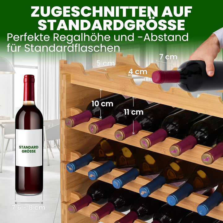 NutriChef Regal Schmal Weinregal aus Bambus Holz – 36 Flaschen, 4 Etagen – Stapelbares Flaschenregal