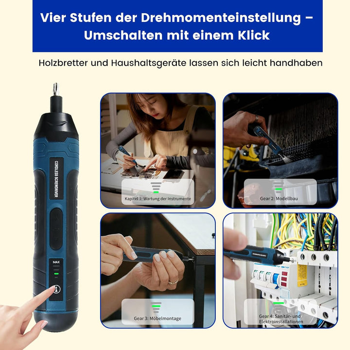 Mini Akkuschrauber 20 in 1, 4V Akkuschrauber klein, Elektrischer Schraubendreher, mit 4-Gang-Drehmom