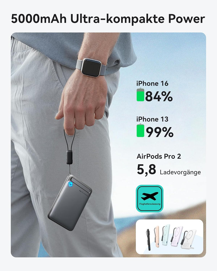 INIU Qi2-zertifizierte 20W Magnetische Powerbank, 5000mAh Ultra Slim Externe Batterie, Travel Wirele