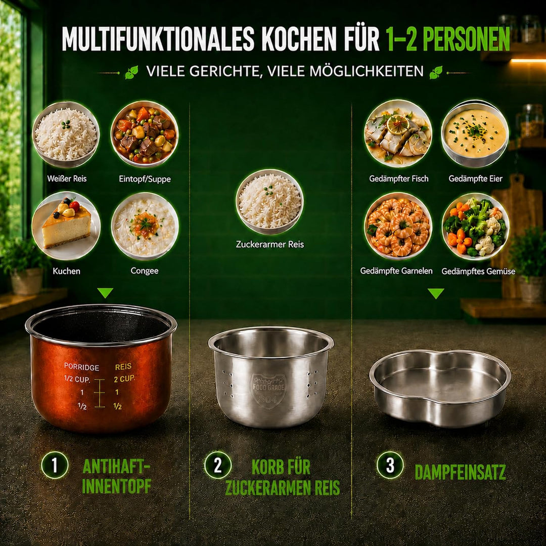 Audecook Reiskocher klein 1.2 L mit Low Sugar Funktion Für 1-2 Personen Multikocher mit 7 Programme