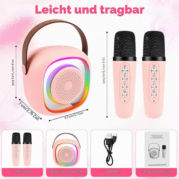 Karaoke Maschine Kinder, Mini Karaoke Maschine mit 2 Mikrofonen,Tragbarer Bluetooth-Lautsprecher mit
