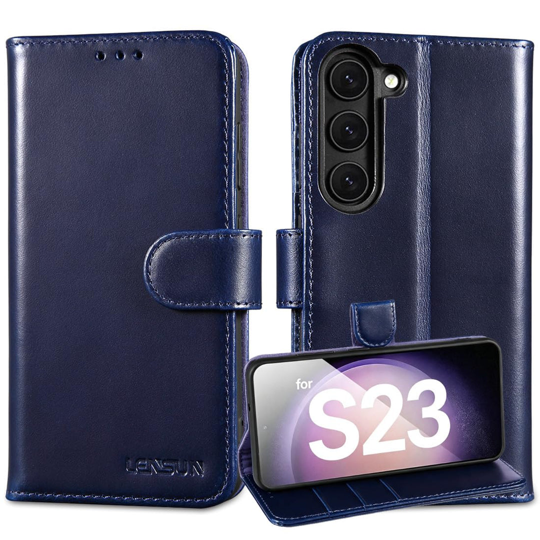 LENSUN Echtleder Hülle für Samsung Galaxy S23, Handyhülle [Echtes Leder][Magnetverschluss][RFID-Schu