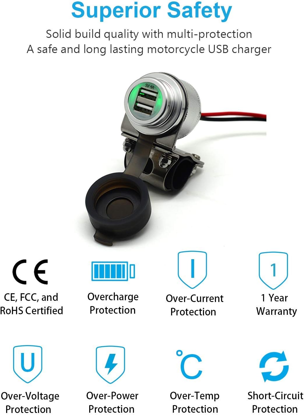Cliff Top 4A 20W Aluminium Motorrad USB-Ladegerät, mit magnetischem Netzschalter, Dual-Port Schnelll