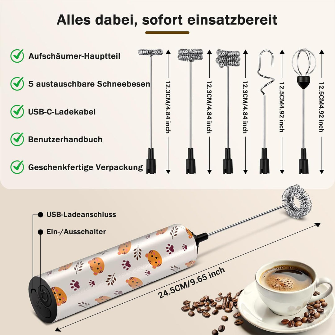 Milchschäumer Elektrisch USB-C mit 5 Wechselbaren Edelstahl-Schneebesen–2 Einstellbare Geschwindigke