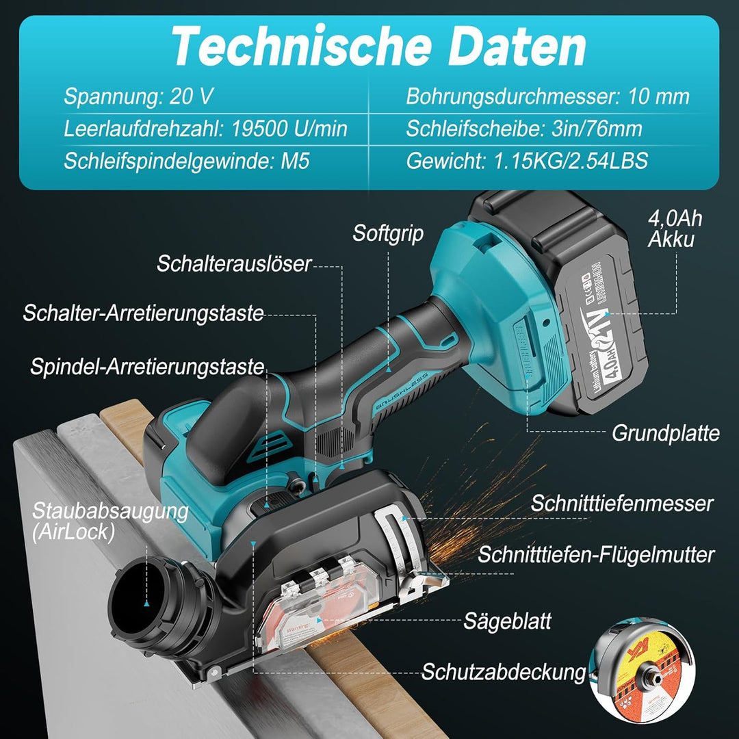 Mini Akku Winkelschleifer 76mm Kompatibel mit Maa-kita 18V Batterie, 19500RPM Akku Flex mit 2×4.0Ah