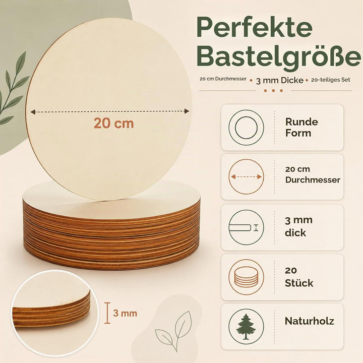 JMIATRY 20 Stück Holzscheiben 20 cm Durchmesser, Holzplatte Rund 20cm - 3 mm dicke, Runde Sperrholzp
