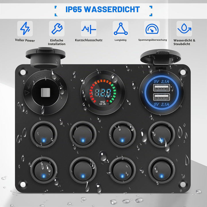 Geloo 8 Gang wasserdichte Wippschalter-Panel, blaue LED-Lichter, Dual 5 V USB-Ladebuchse, für Autos,