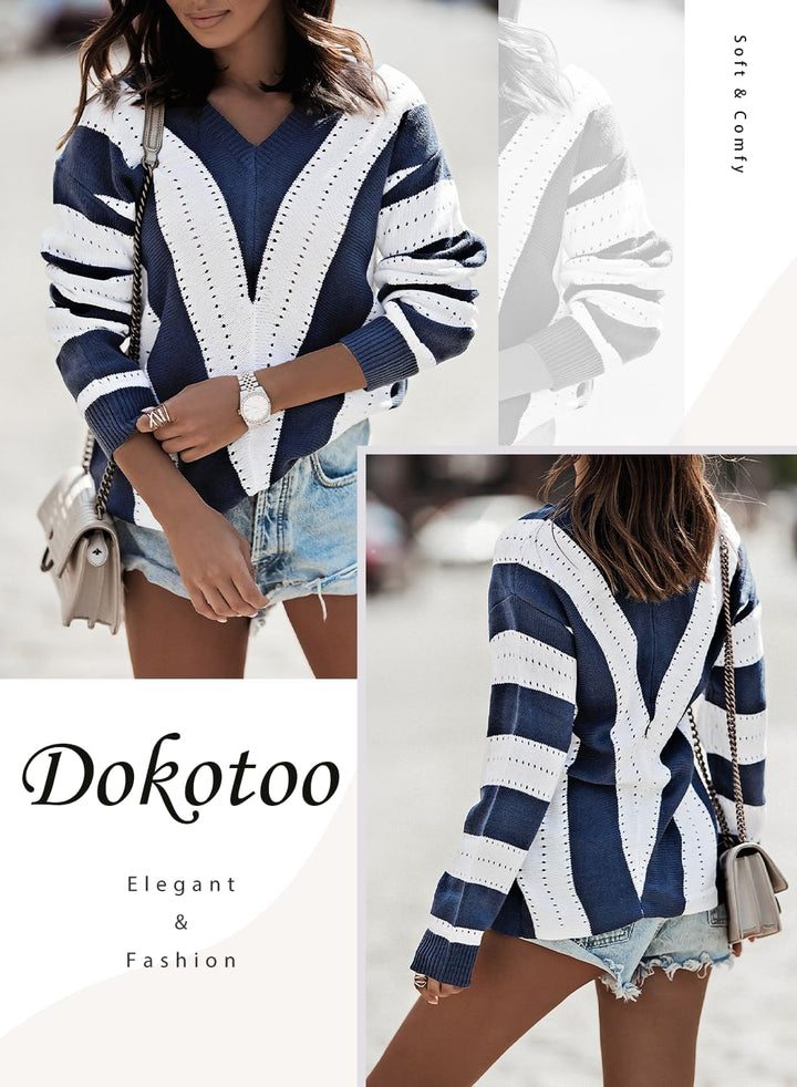 Dokotoo Damen Strickpullover V-Ausschnitt Casual Pullover Warm Oberteil Tops Streifen Sweater Elegan