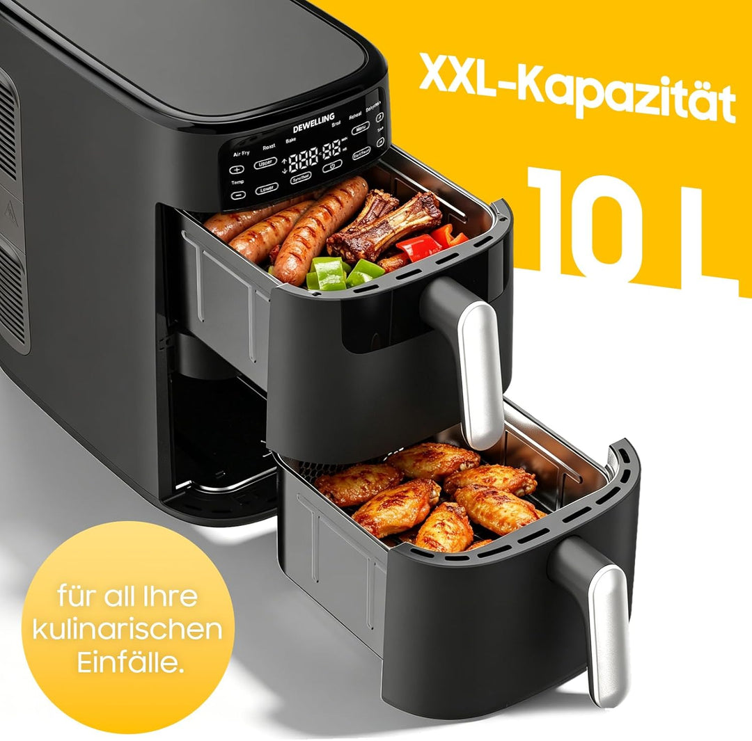 Vertikale Airfryer 10L XXL - 2700W Heissluftfritteuse 2 Kammern, Heissluftfritteuse mit 6 Programme,