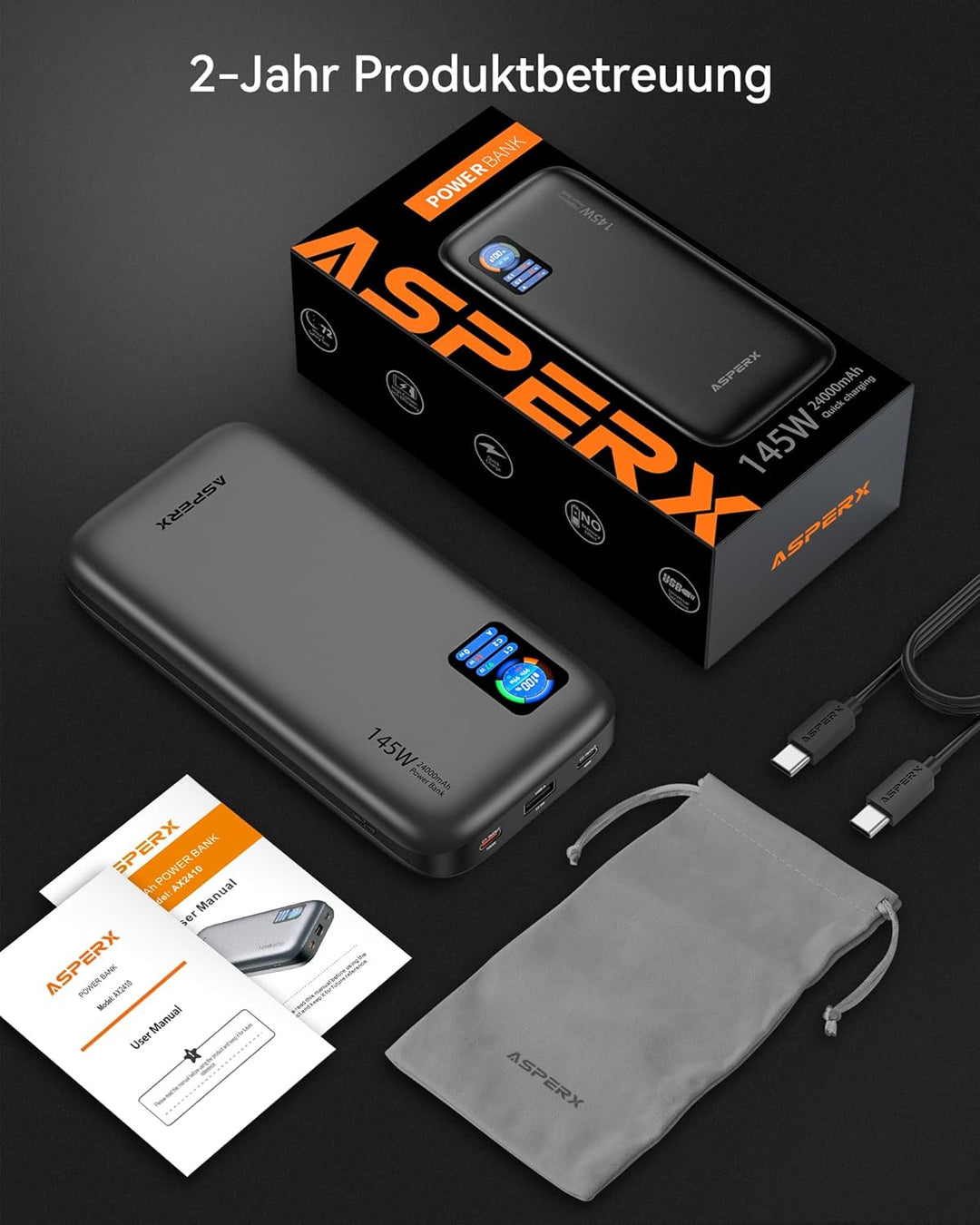 AsperX 100W 24000mAh Powerbank für Laptop MacBook iPad iPhone 17/16/15/14 | Gesamtleistung 145W PD3.