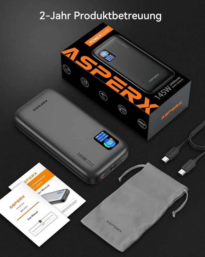 AsperX 100W 24000mAh Powerbank für Laptop MacBook iPad iPhone 17/16/15/14 | Gesamtleistung 145W PD3.