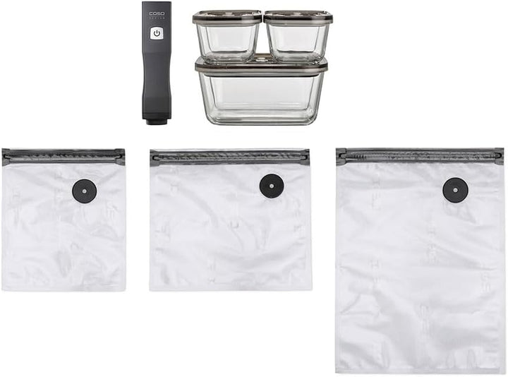 CASO Vacu OneTouch Eco-Set, Handvakuumierer inkl. 3 Vakuumbehälter aus Glas, 10 ZIP-Beutel und Food