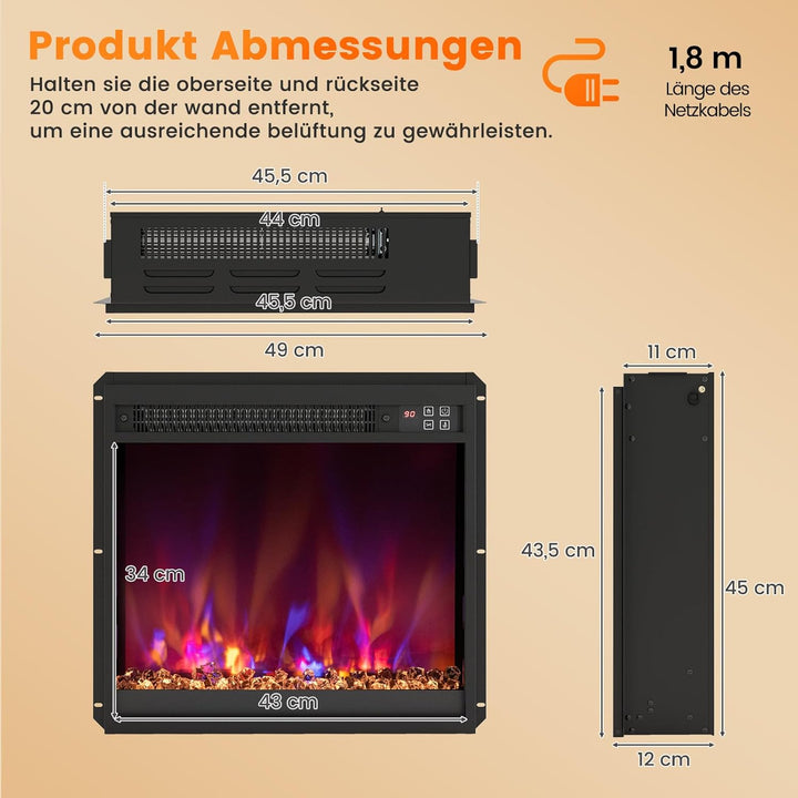 COSTWAY Elektrokamin mit Heizung 1500W, Einbaukamin mit Fernbedienung, 0,5-9H Timer, einstellbare 3D
