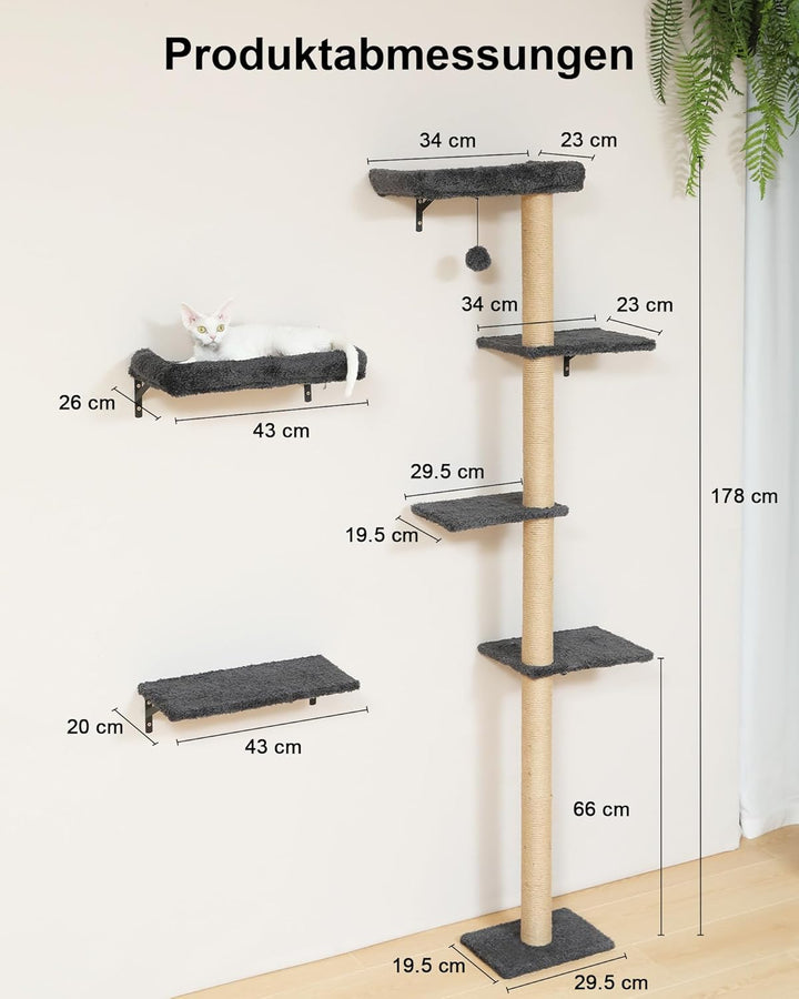 FUKUMARU Kletterwand Katzen-Set, 178 cm hoch, stabiles 3-in-1 Kratzbaum-Set aus mehrschichtigem Mass