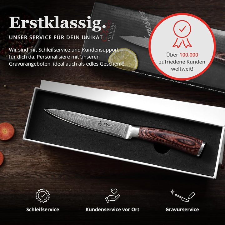 Wakoli EDIB Damast Allzweckmesser mit Gravur – Personalisiertes Messer, 12,5 cm Klinge aus 67 Lagen