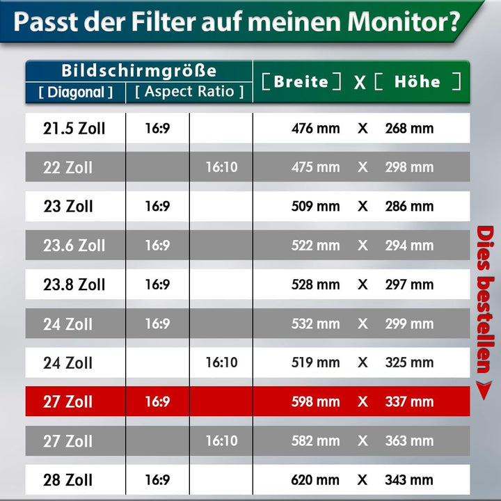 STARY 27 Zoll Monitor Blickschutzfolie 16:9 Seitenverhältnis, Abnehmbarer Anti Blaulicht Blendschutz