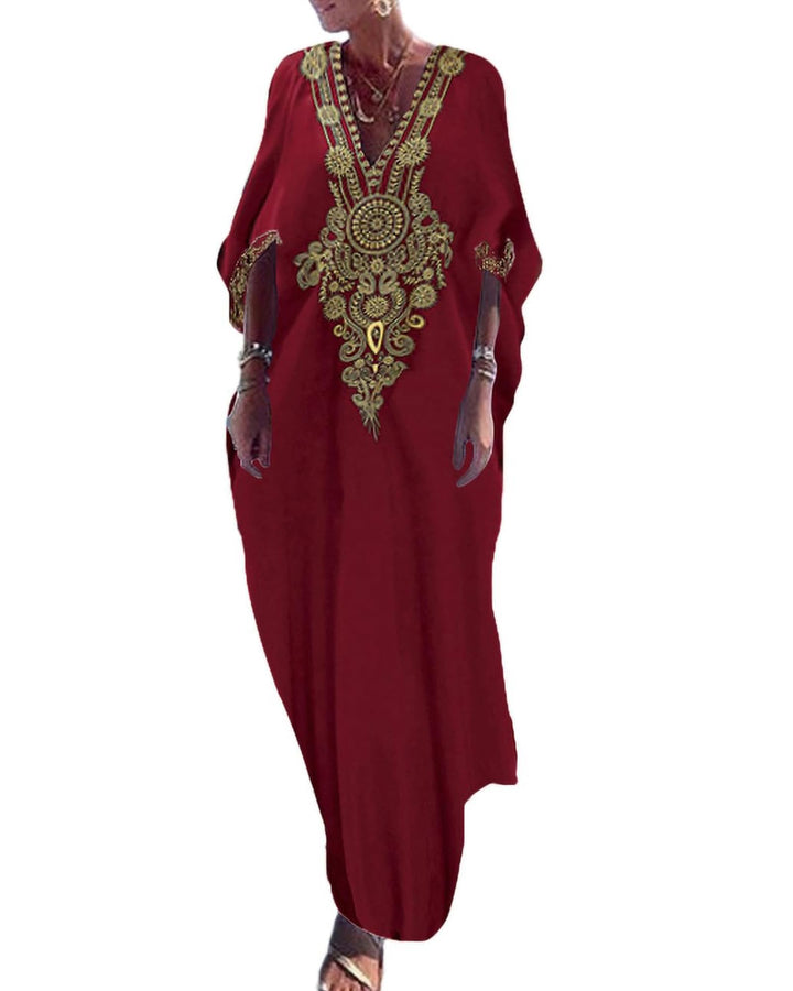 Bsubseach Damen Stickerei Kurzarm Bikini Strandkleid Side Split Beach Kaftan Kleid L-maroon, L-maroo