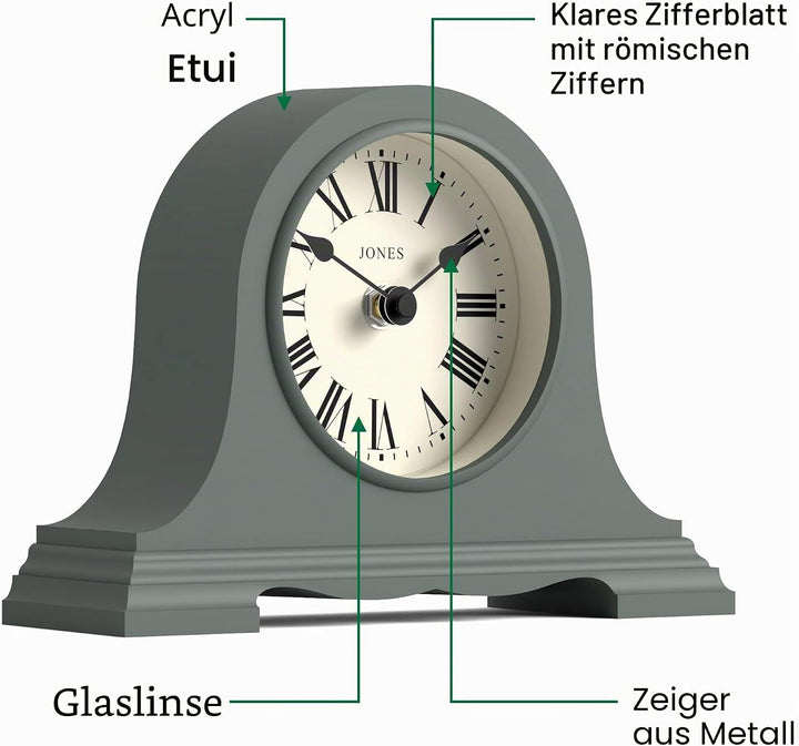 JONES CLOCKS® Speakeasy Tischuhr | Klassisches Napoleon|Hut|Design | Grün | Römische Ziffern | Tradi
