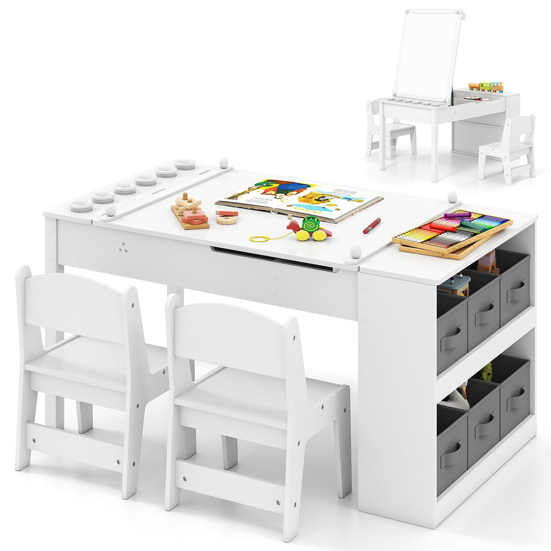 FANTASK 3-in-1 Holz Kindertisch mit 2 Stühlen, höhenverstellbare Tischplatte, Staffelei, Farbbechern