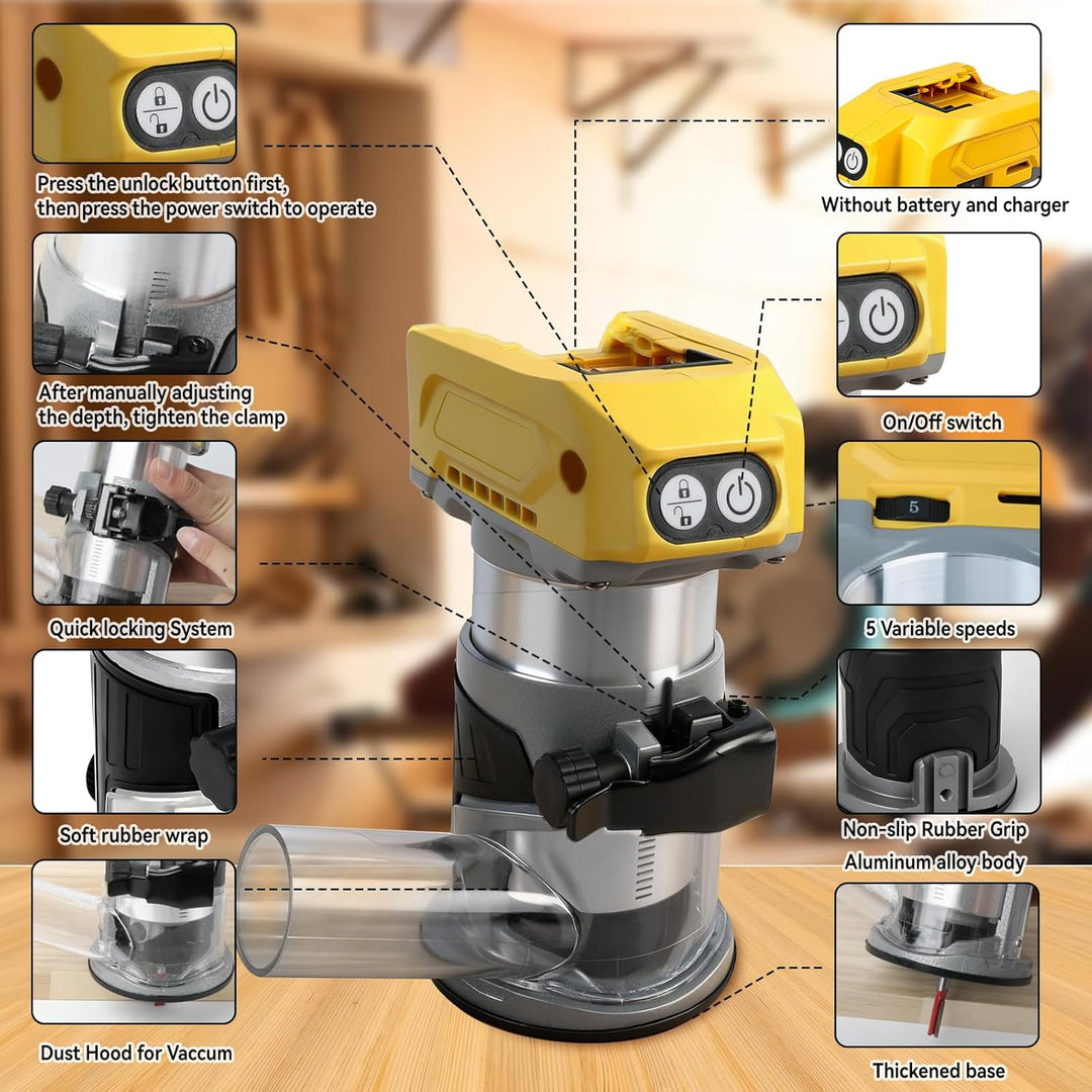 Kabelloser Power-Router kompatibel mit Dewalt 18/20 V Akku, bürstenloser Holzfräser, 5 Geschwindigke