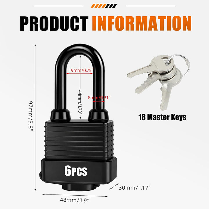 Vorhängeschloss Schloss Padlock Vorhangschloss | 6 Stück mit 18 Schlüssel Wetterfest Messing Gleichs