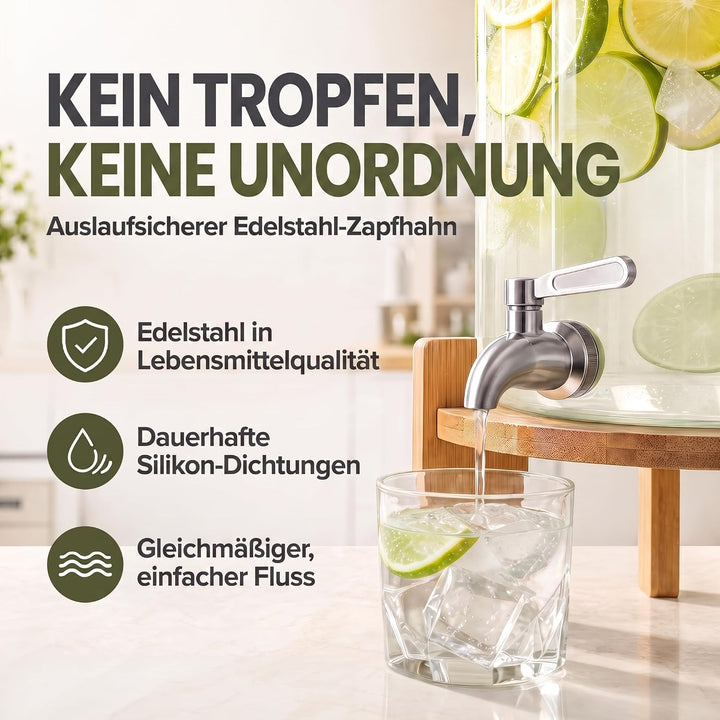 Getränkespender mit tropfsicheren Zapfhahn aus Edelstahl Wasserspender aus Glas mit Bambus Ständer u