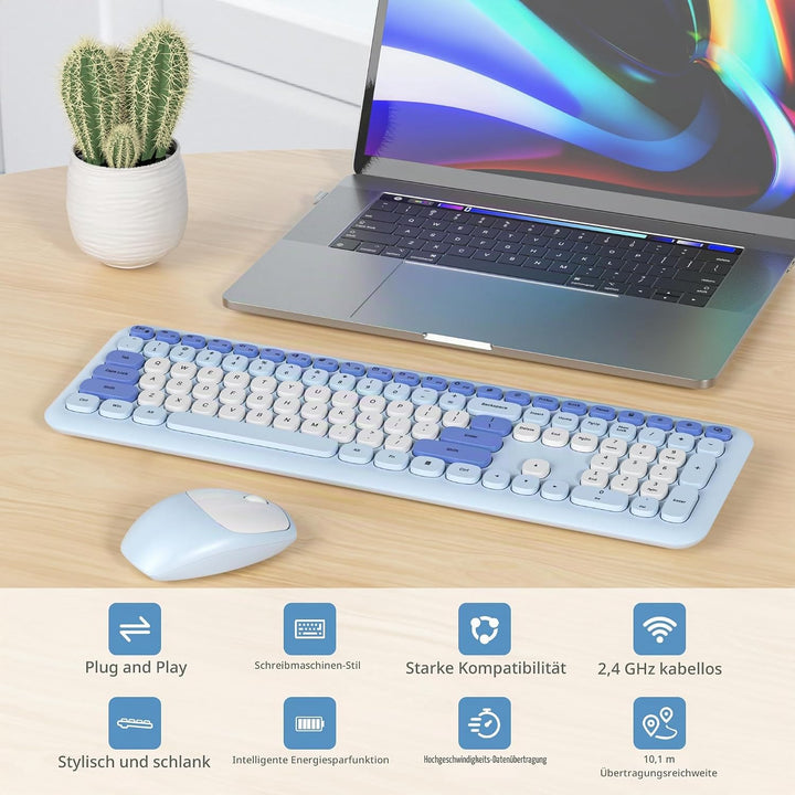 SOLIDEE Buntes kabellose Tastatur und Maus-Kombination,2.4GHz Retro Schreibmaschine Tastatur,104 Tas