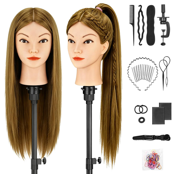 TwoWin Übungspuppe mit braunem Kopf, Echthaar, zum Flechten von Make-up, inklusive Klemmhalter, Brau