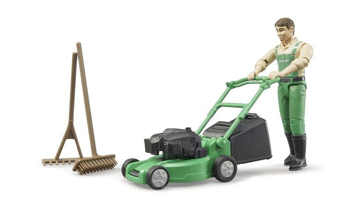 bruder 62103 - Bworld Gärtner mit Rasenmäher & Gartengeräten - 1:16 Mann Spielzeug-Figur Arbeiter Ba