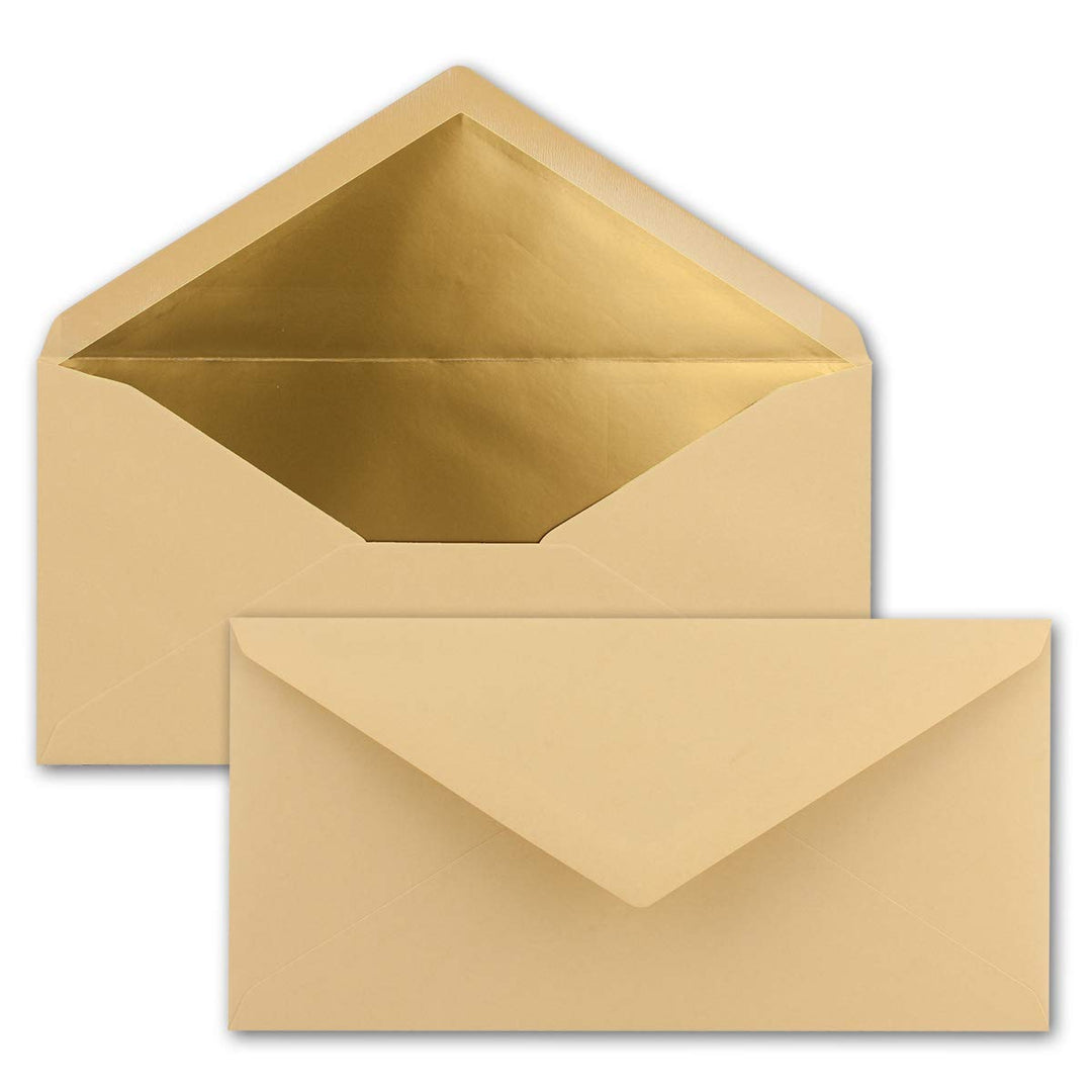 75 Brief-Umschläge DIN Lang - Karamell mit Gold-Metallic Innen-Futter - 110 x 220 mm - Nassklebung -