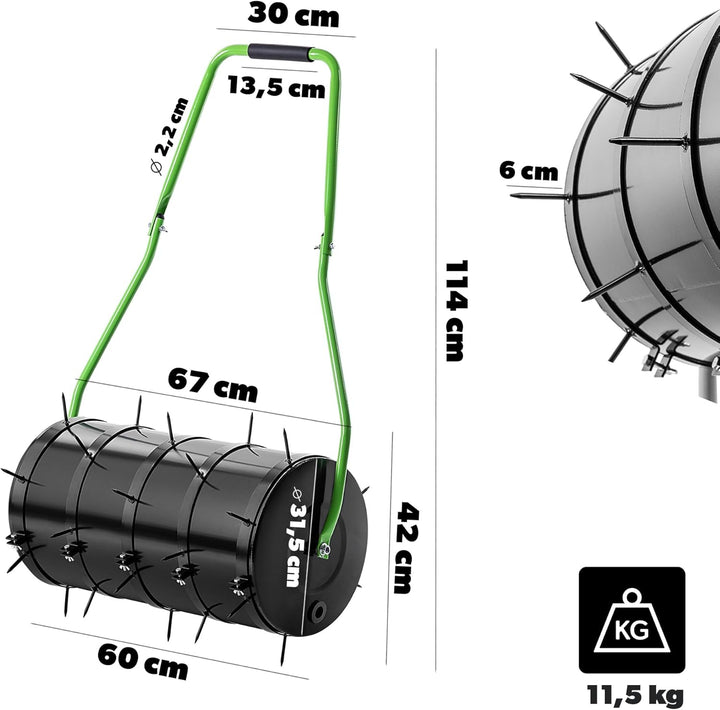KADAX Rasenlüfter Walze 60 cm, Befüllbar mit Wasser oder Sand, Rasenwalze mit 6 cm Nägeln, Rasenbelü