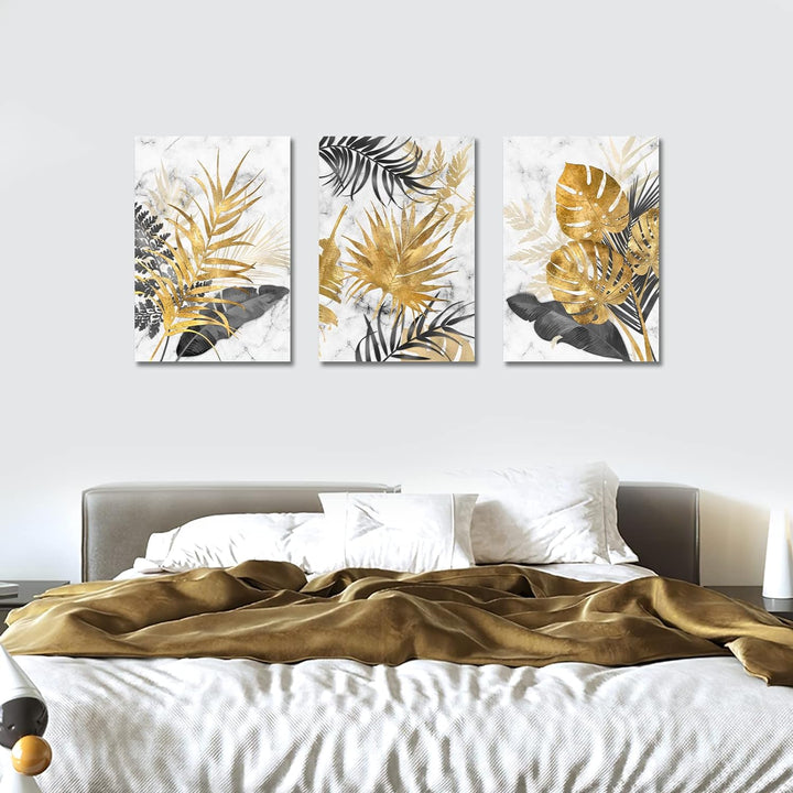 3 Teilig Leinwandbilder Bilder mit Rahmen Abstrakt Grau Gold Blätter bild auf leinwand Wandkunst Mod
