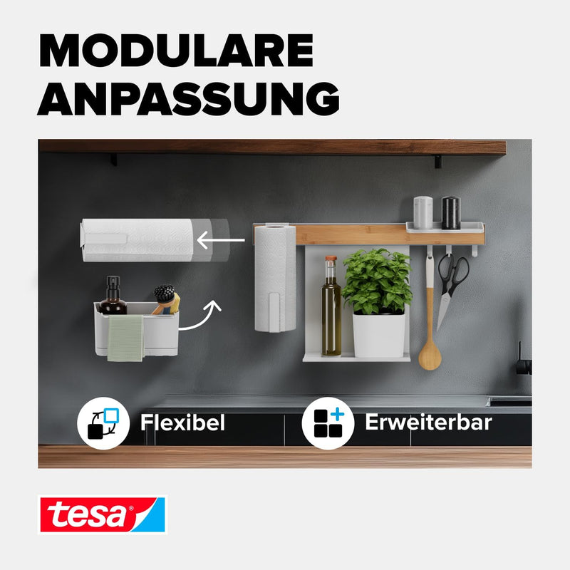 tesa Küchen-Organizer Kombi-Set L - selbstklebende Küchenleiste mit Kräutertopf, 2 Ablagen, Messerha