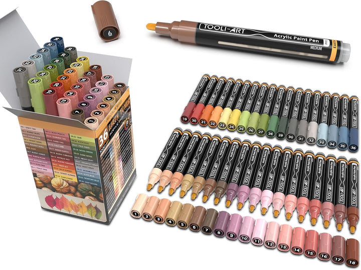36 Acrylstifte Haut- und Erdton-Marker-Set für Felsmalerei, Leinwand, Tassen Glas Kunststoff Holz, M