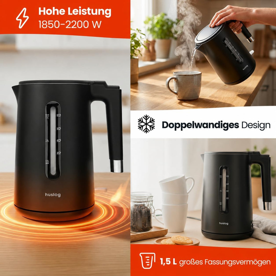 Wasserkocher 1,5L 2200W Double Wall Cool-Touch Edelstahl 304, BPA-frei, mit Wasserstandsanzeige, 360