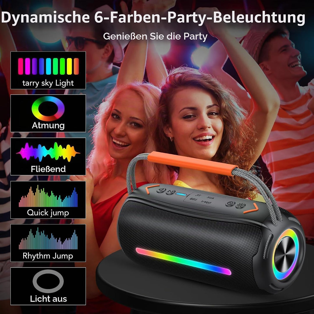 Tragbarer Bluetooth Lautsprecher mit Griff, 40W Leistungsstarker Musikbox mit Dualen Bass-Treibern,