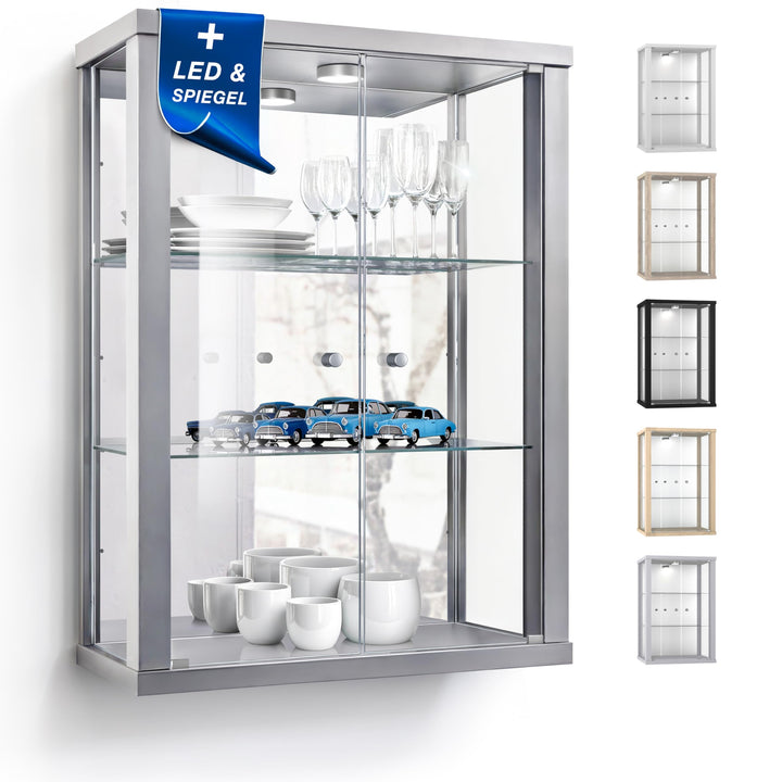 K-Möbel Hängevitrine in Alu/Silber (80x60x25 cm) mit 2 höhenverstellbaren Glasböden, Spiegel & LED -