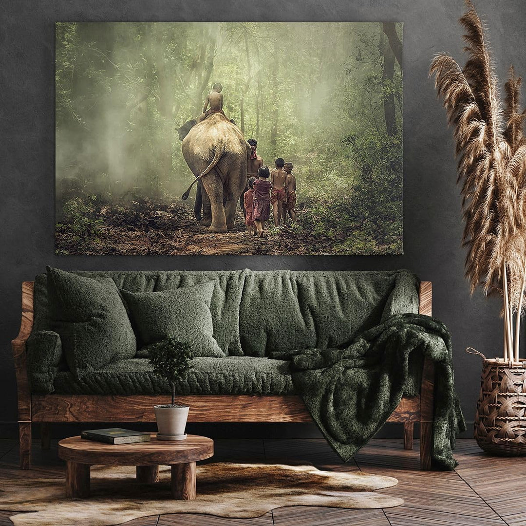 Bilder auf Leinwand 100x70cm Leinwandbild Elefant Dschungel Nebel Gross Wanddeko Bild Schlafzimmer K