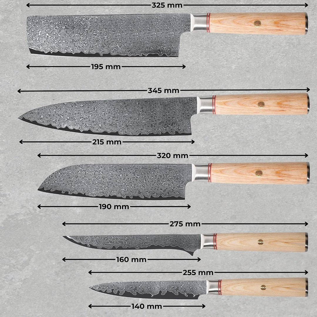 Damastmesser set. Japanisches messer set perfekt für präzisionsschnitte. Damast küchenmesser mit San