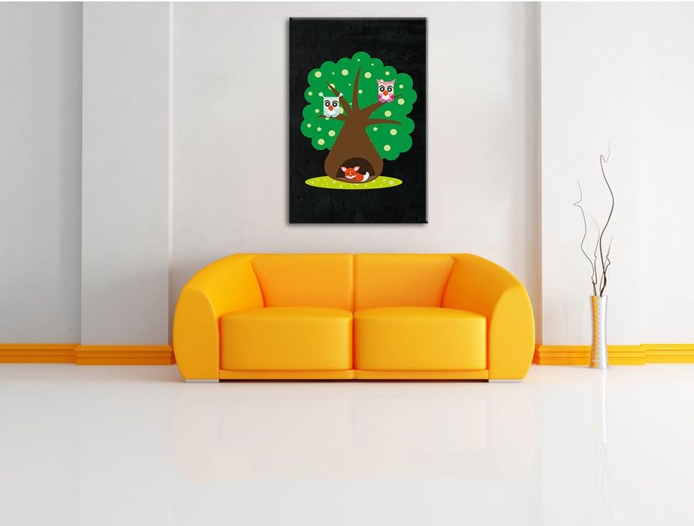 Pixxprint Baum mit niedlichen Eulen und süssem Fuchs schwarz, Format: 70x100 auf hochkantiges Leinwa