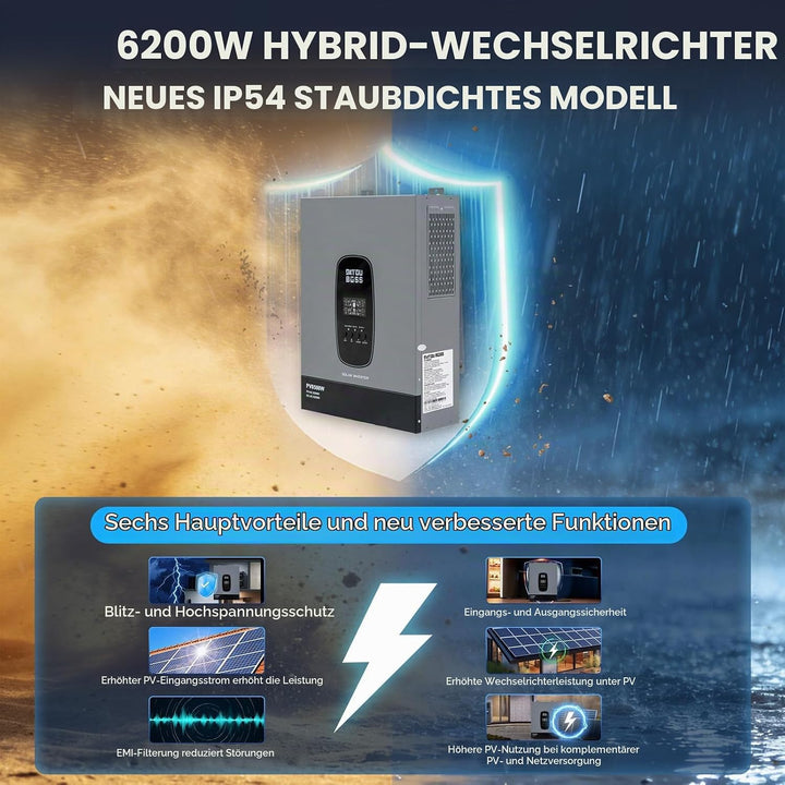 DATOUBOSS 6200W 48V Hybrid Wechselrichter Reiner Sinus, MPPT 120A, 8500W PV Eingang, 48V Lithium kom