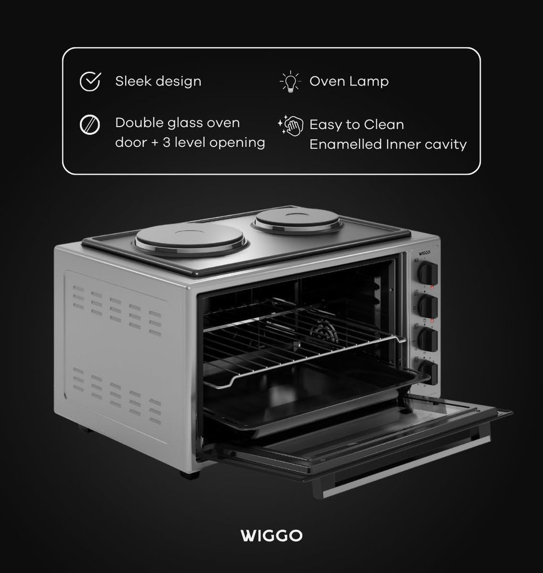 Wiggo Miniofen mit Kochplatte - 2000W, 45 Liter, Vielseitige 6-in-1 Funktionen: Ober-/Unterhitze, Um